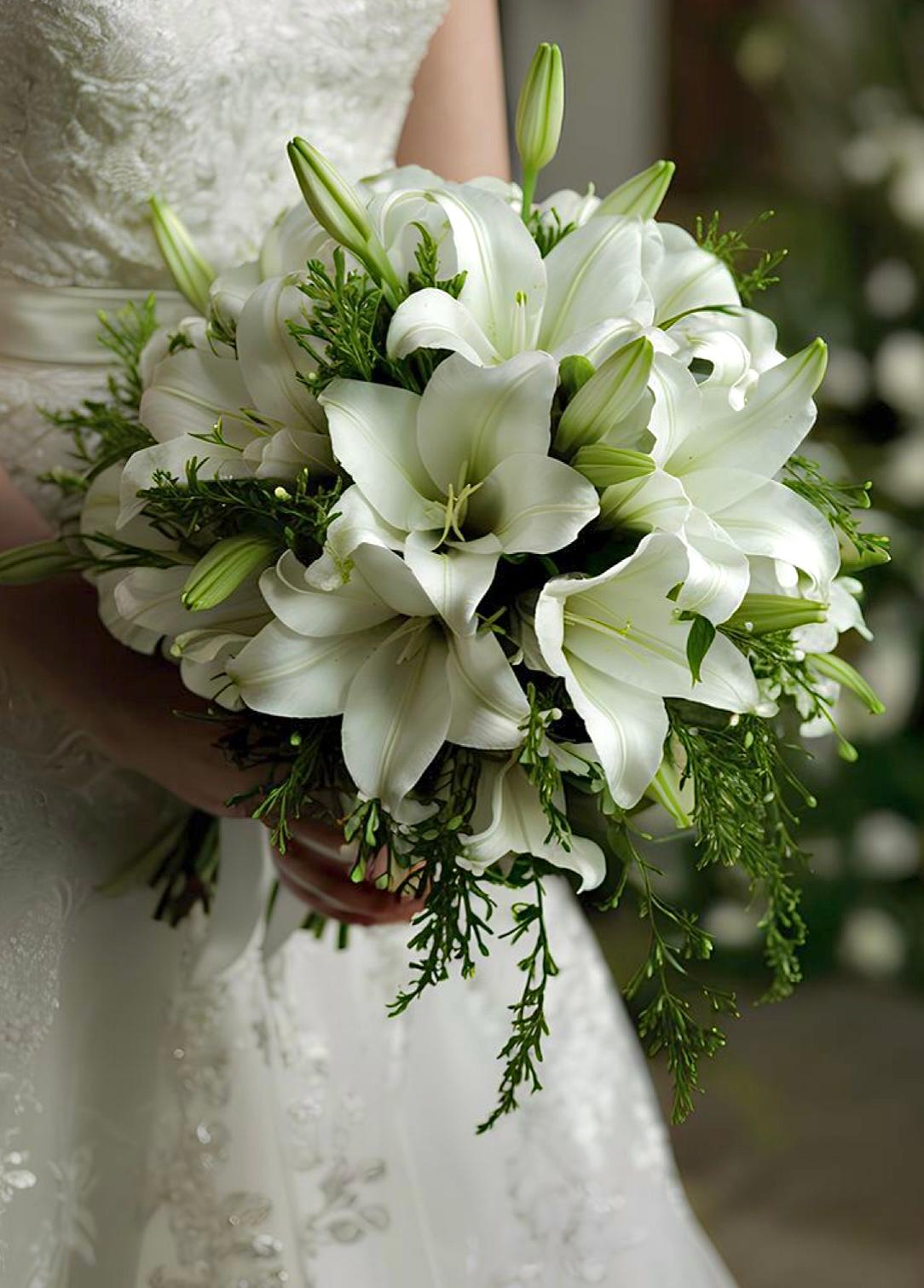 Beyaz Zambak ve Yoğun Yeşillik Buketi